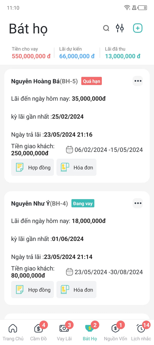 Màn quản lý bát họ trên điện thoại