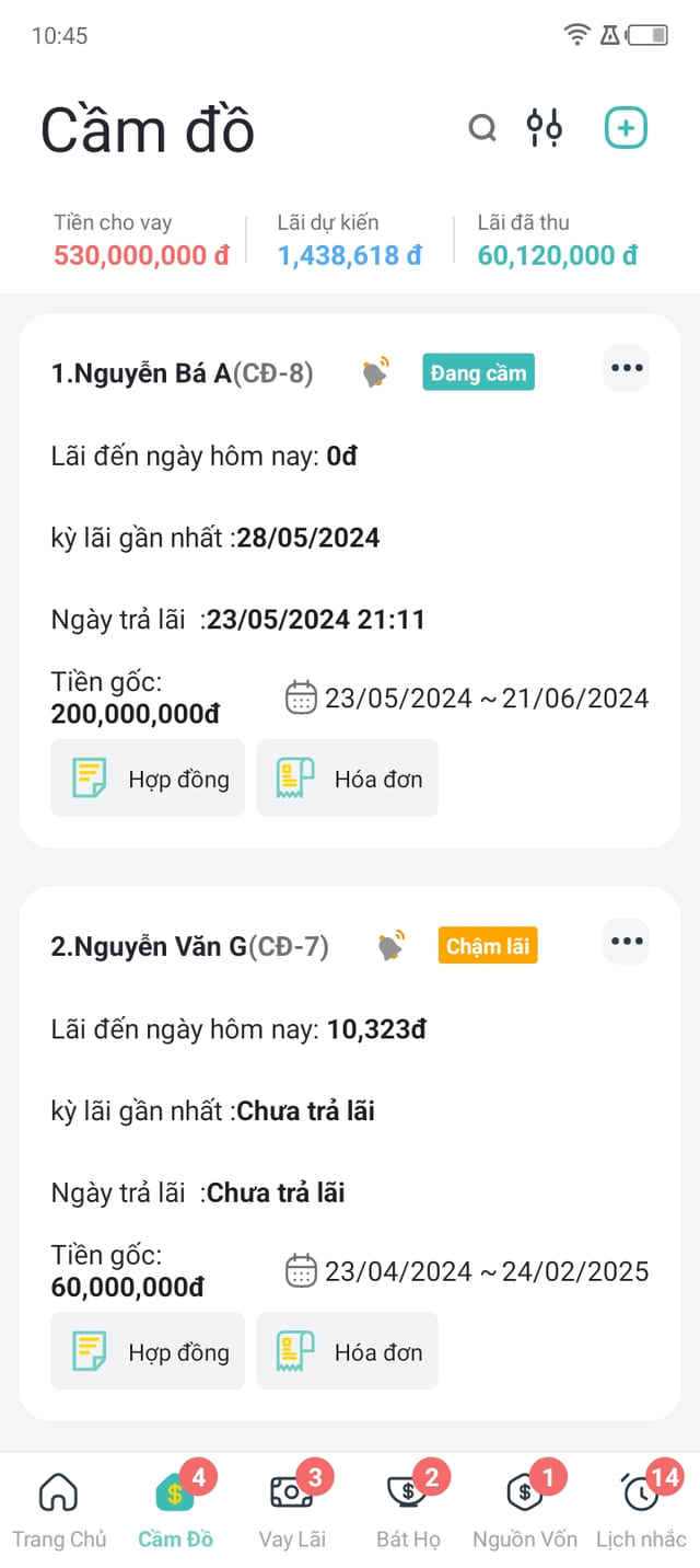 Màn quản lý hợp đồng cầm đồ trên điện thoại