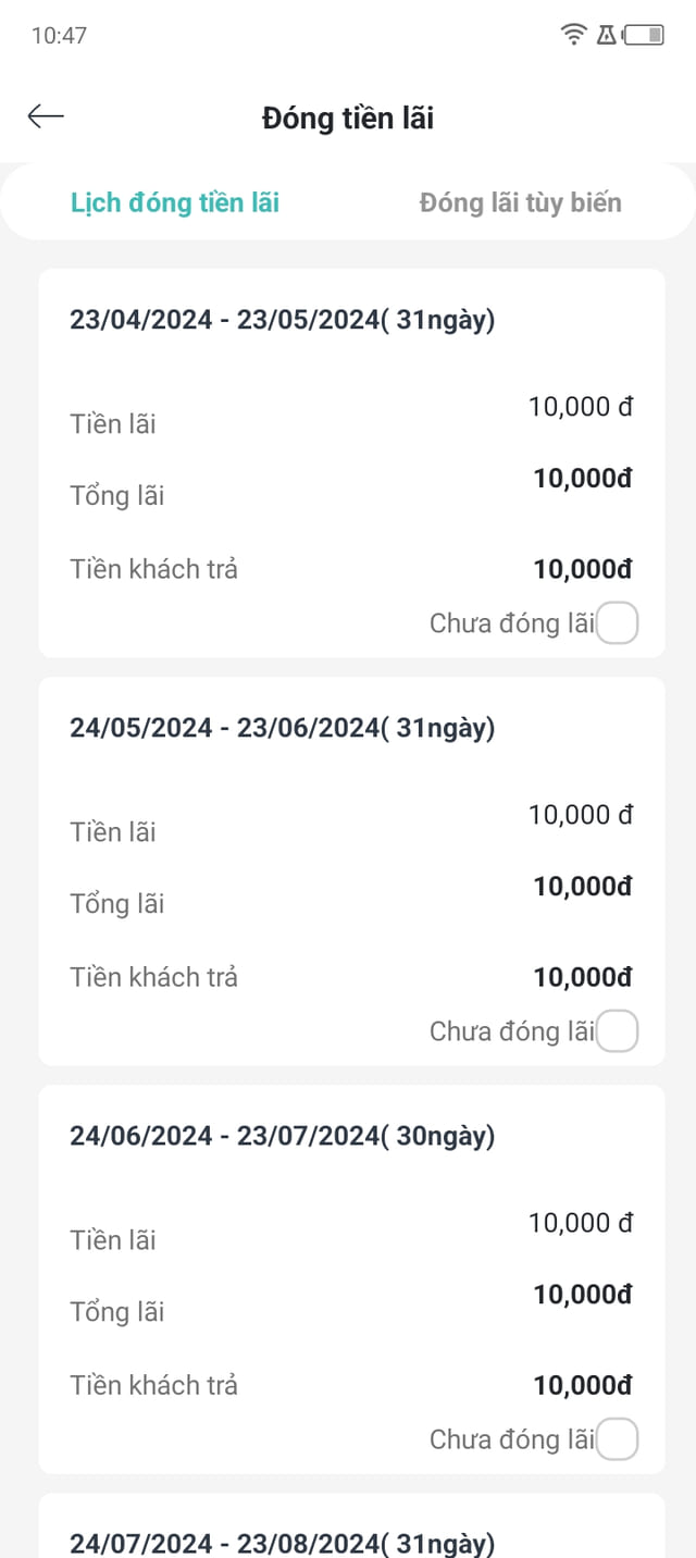 Màn thu lãi theo kỳ của phần mềm quản lý cầm đồ