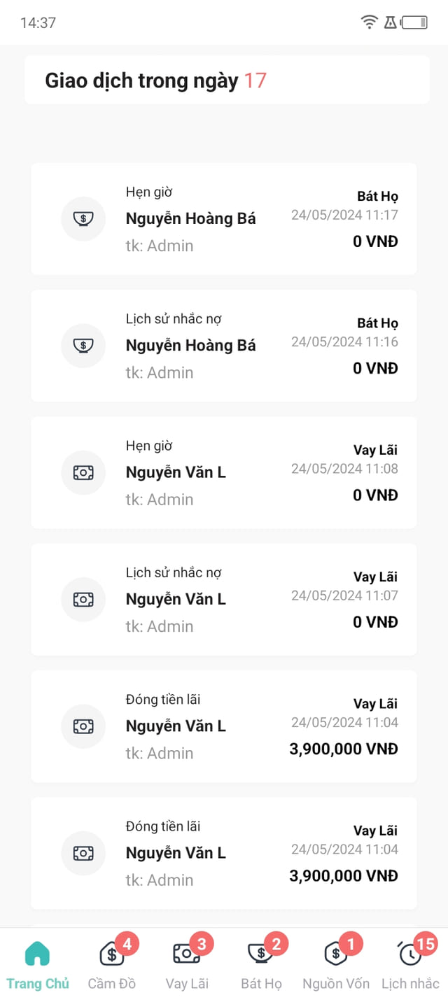 Danh sách giao dịch trong ngày: từng dòng ghi loại thao tác, tên khách, tài khoản thực hiện và số tiền