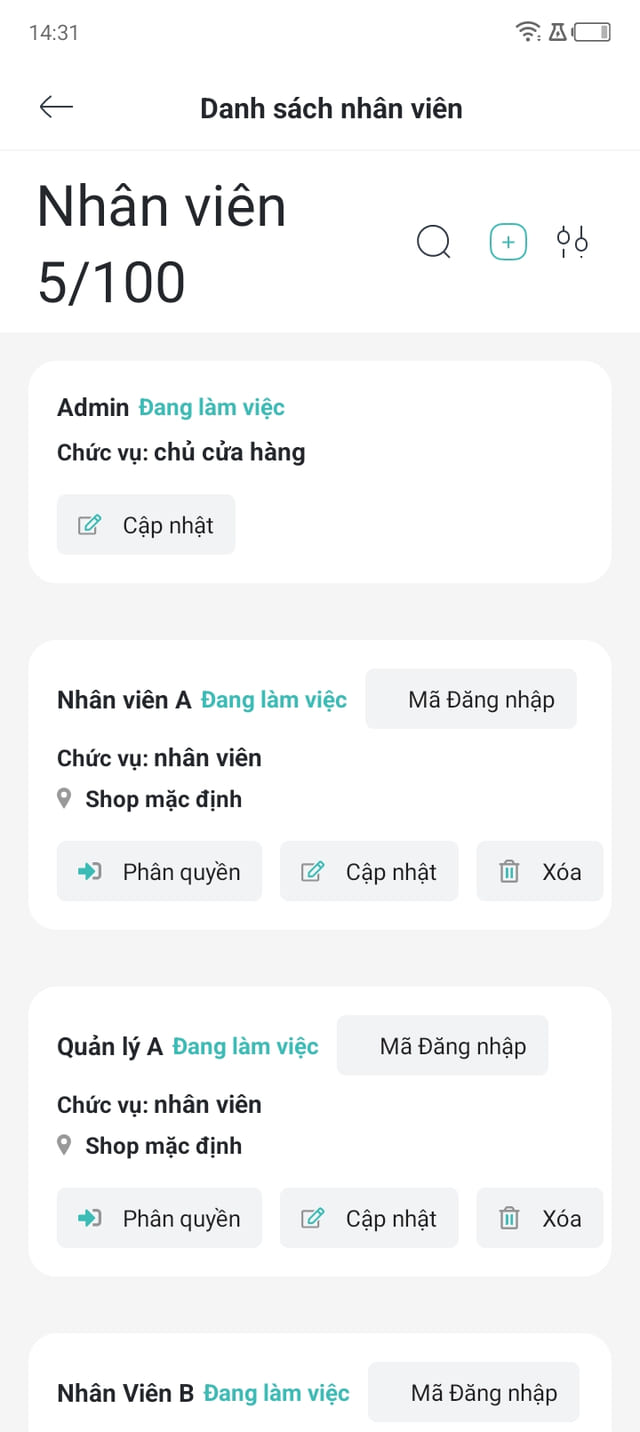Màn hồ sơ nhân viên của phần mềm quản lý cầm đồ