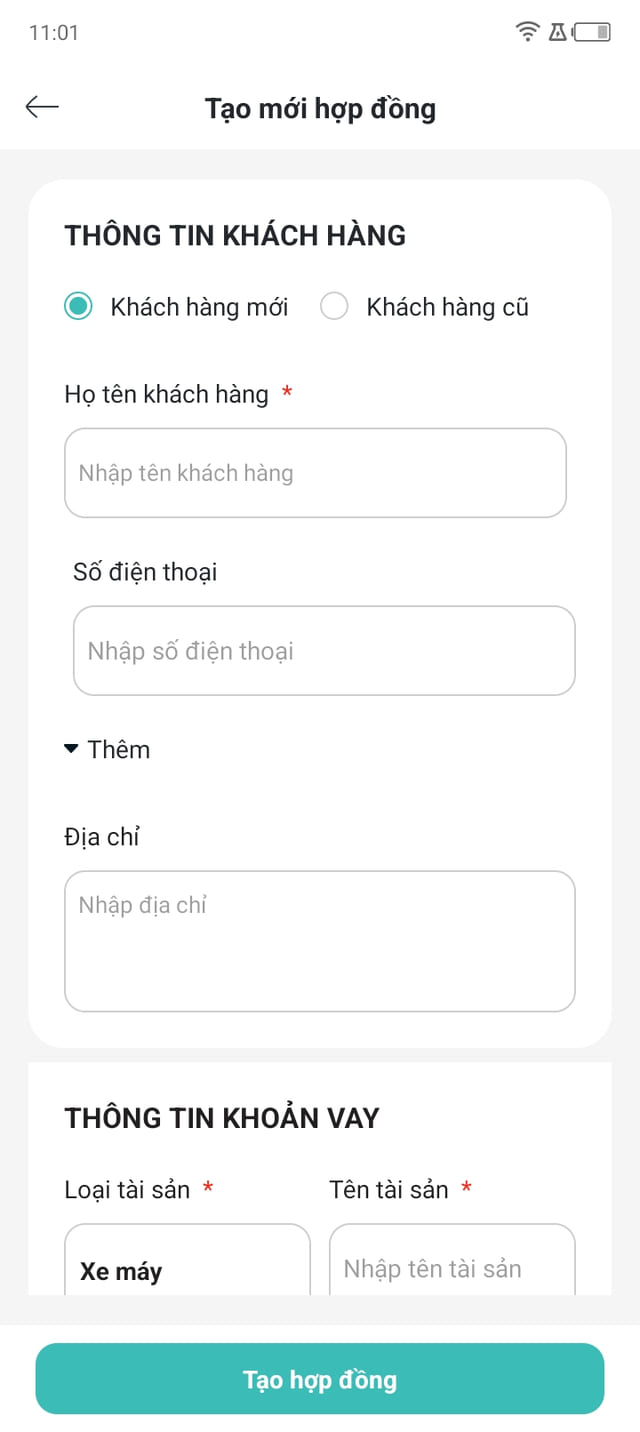 Màn lập hợp đồng của phần mềm quản lý cầm đồ
