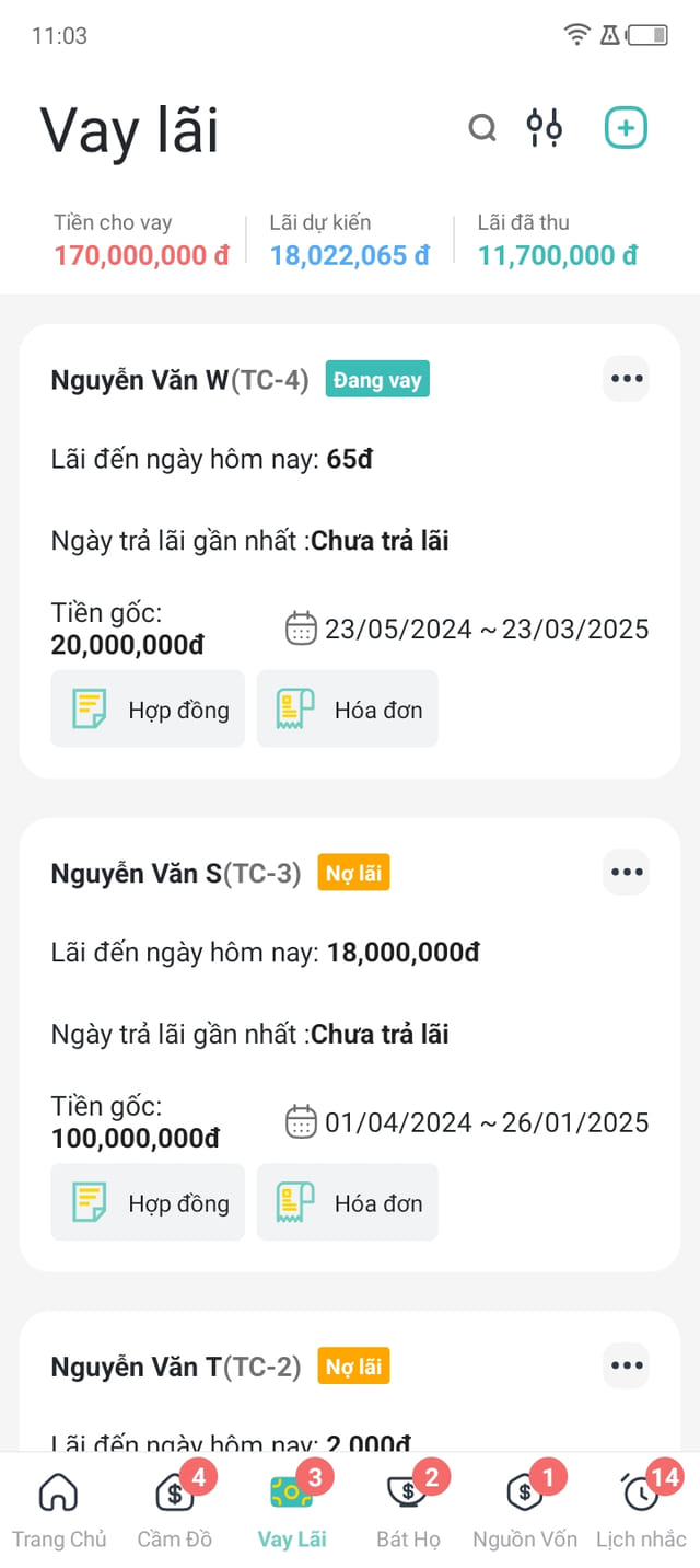 Màn quản lý vay lãi, tín chấp trên điện thoại