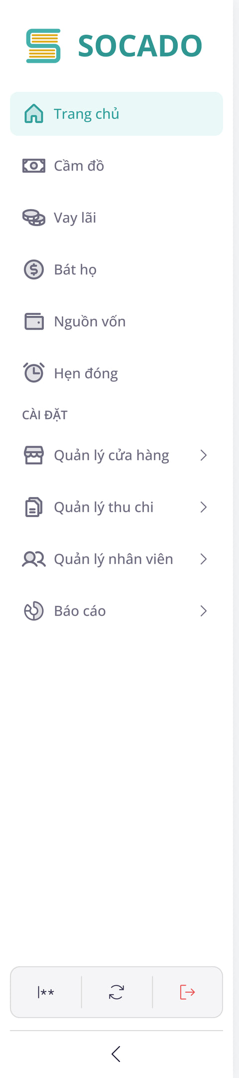 Thanh module bản máy tính: Trang chủ, Cầm đồ, Vay lãi, Bát họ, Nguồn vốn, Hẹn đóng và nhóm Cài đặt